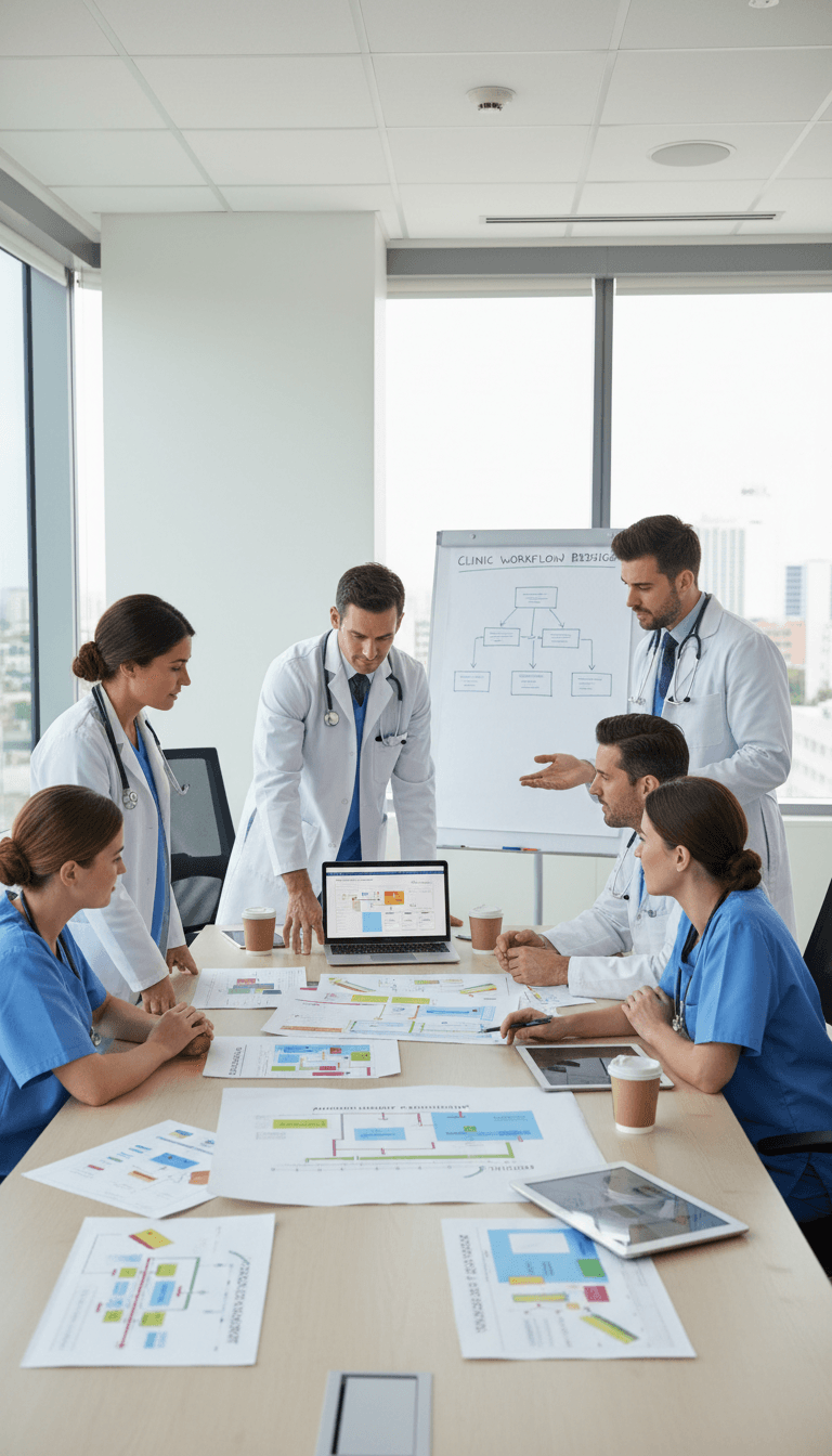 Healthcare team collaborating on clinic operations and workflow systems