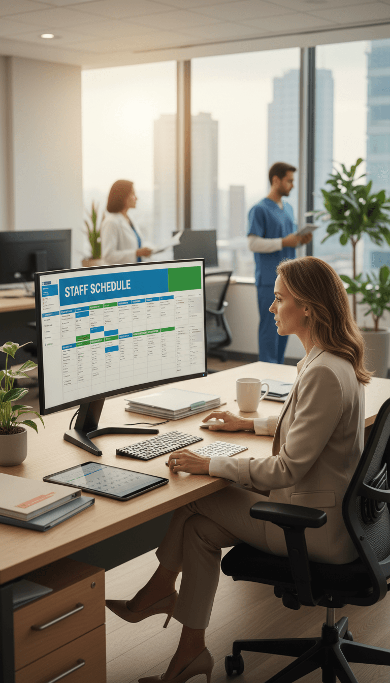 Healthcare operations manager reviewing clinic workflows and staff schedules