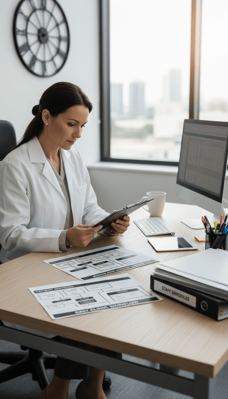 Clinic staff member reviewing operational workflows and documentation