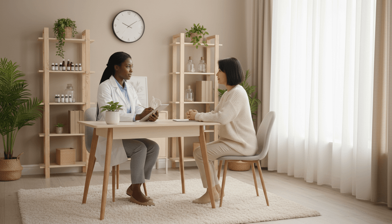 Healthcare consultant discussing clinic operations strategy with physician